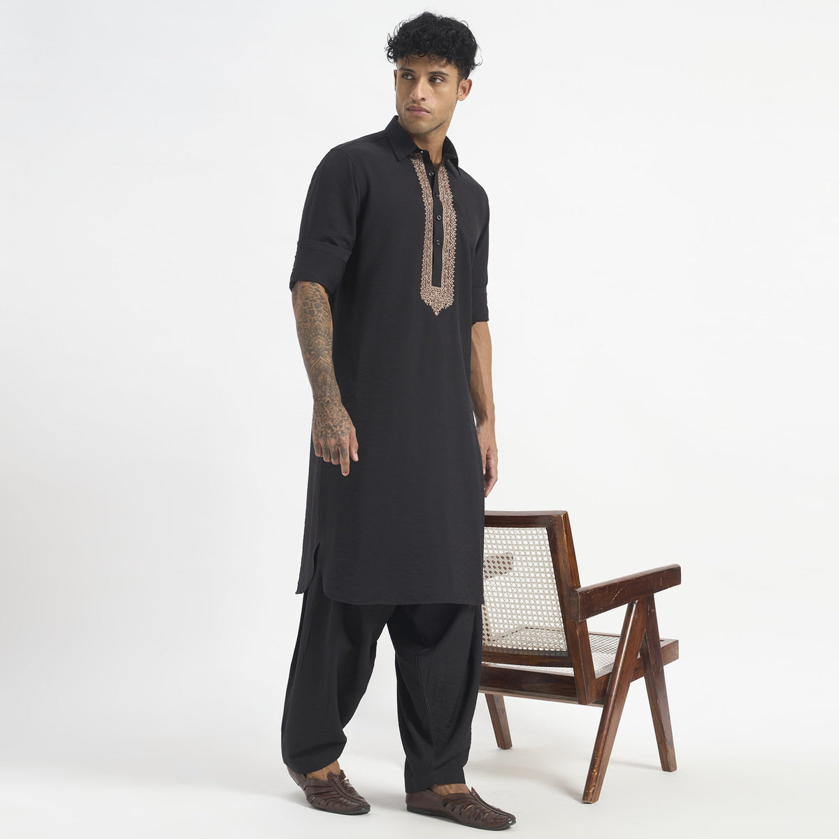 Embroidered Pathani Suit - Ebony Copper Placket