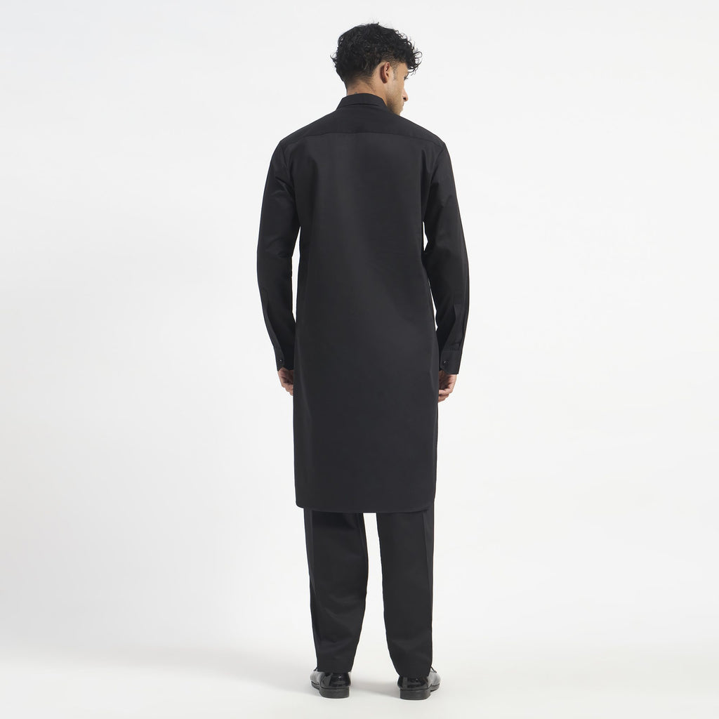 Embroidered Pathani Suit - Jet Black Blossom