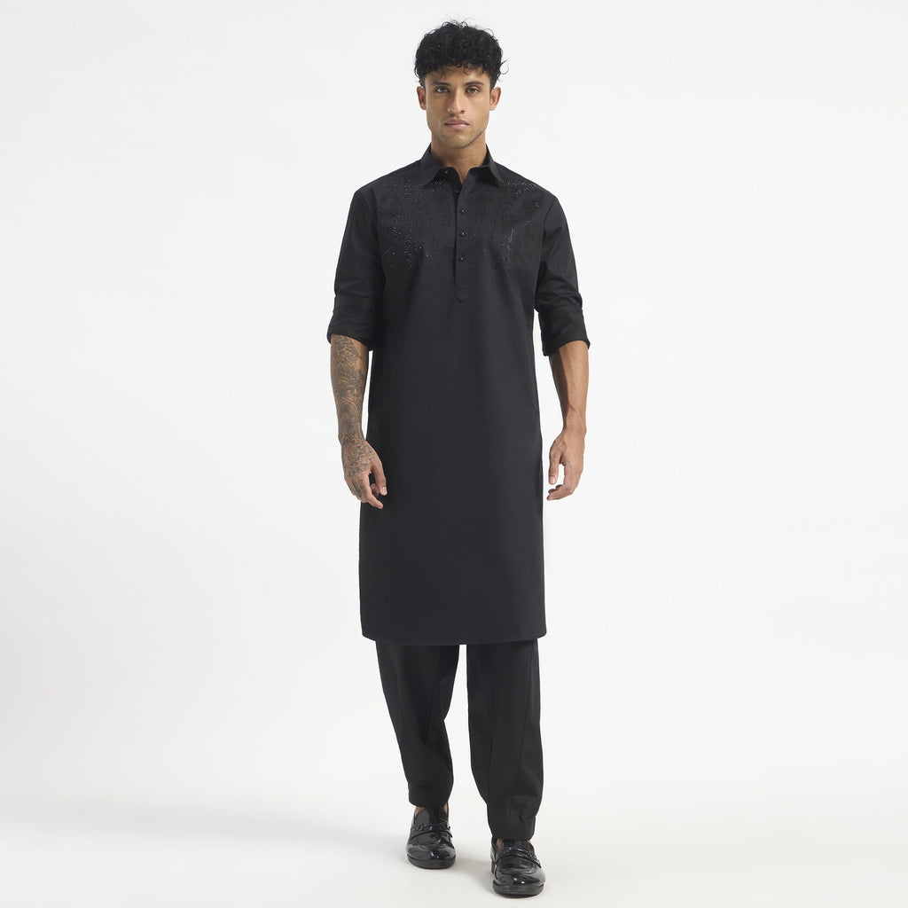 Embroidered Pathani Suit - Jet Black Blossom