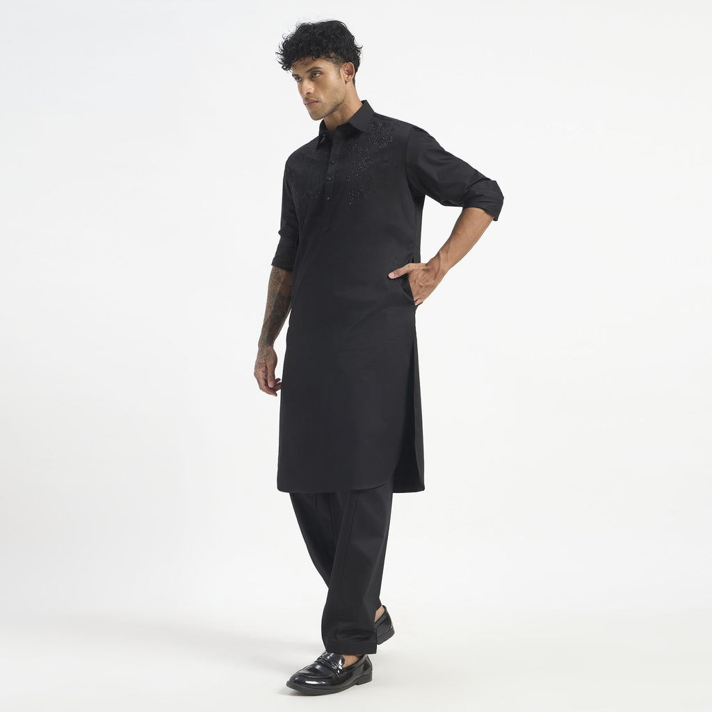 Embroidered Pathani Suit - Jet Black Blossom