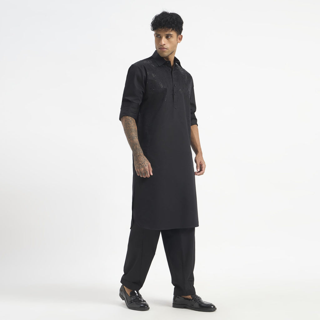 Embroidered Pathani Suit - Jet Black Blossom