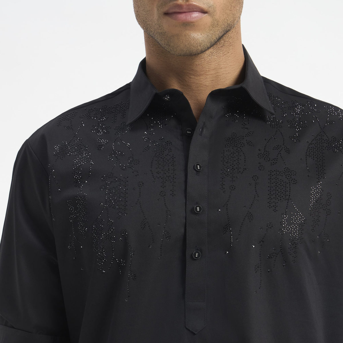 Embroidered Pathani Suit - Jet Black Blossom