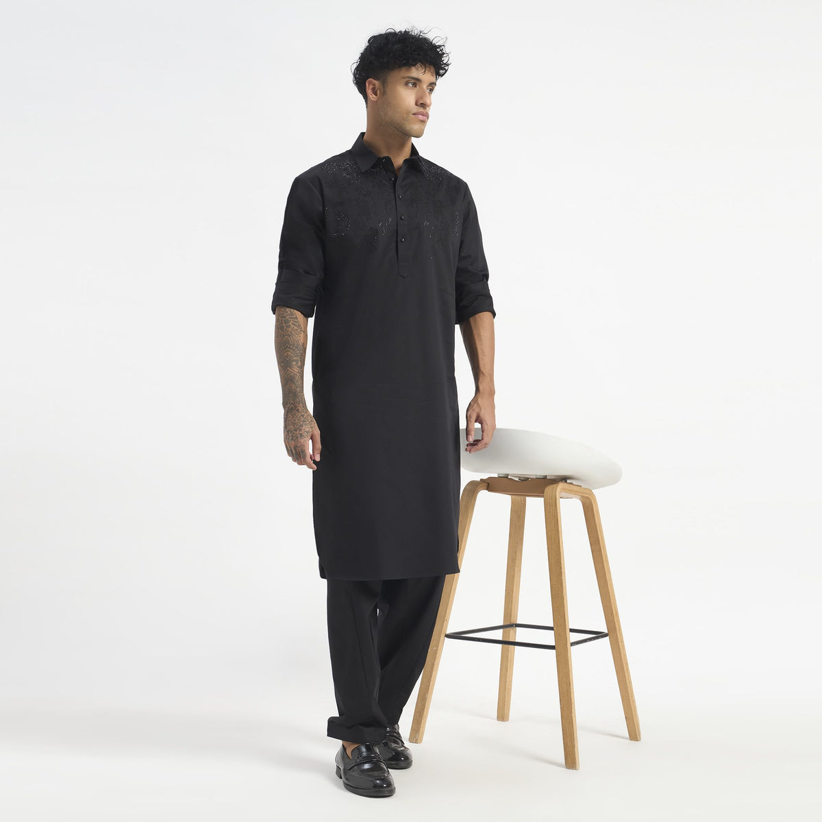 Embroidered Pathani Suit - Jet Black Blossom
