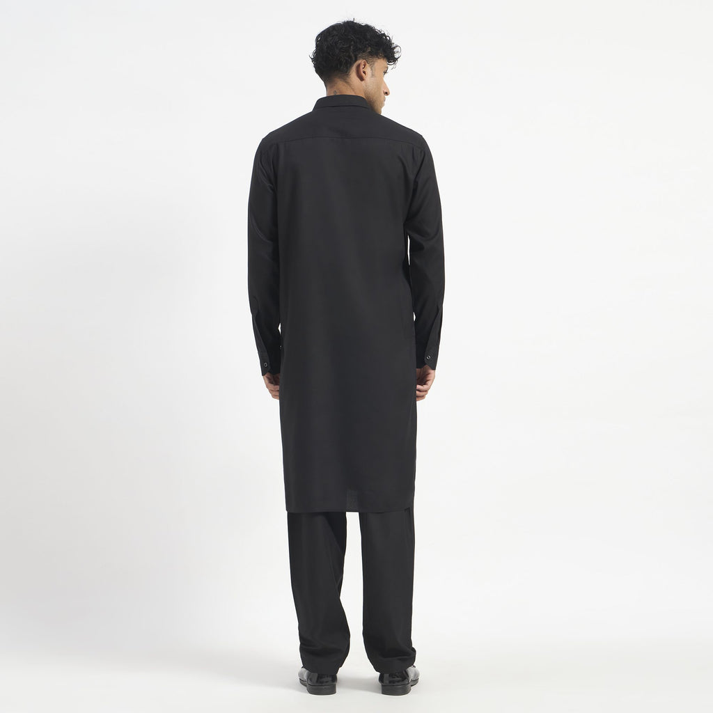 Embroidered Pathani Suit - Jet Black Cascade