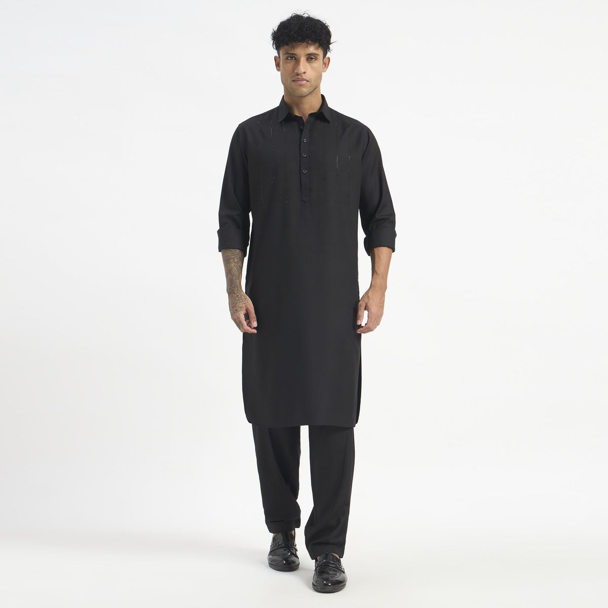 Embroidered Pathani Suit - Jet Black Cascade