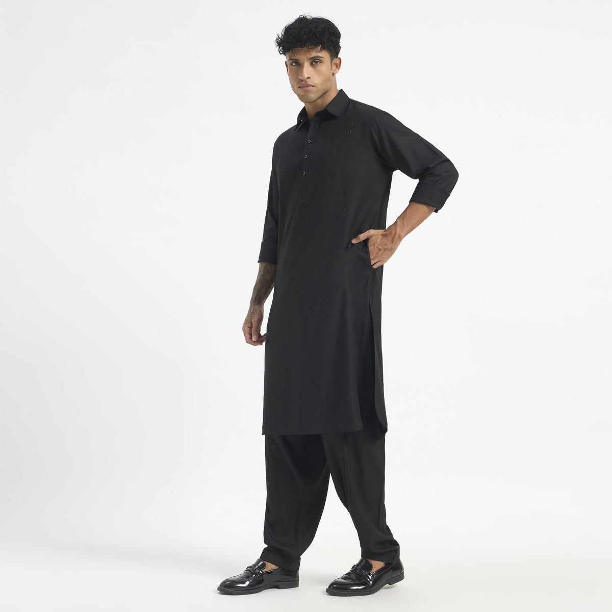 Embroidered Pathani Suit - Jet Black Cascade