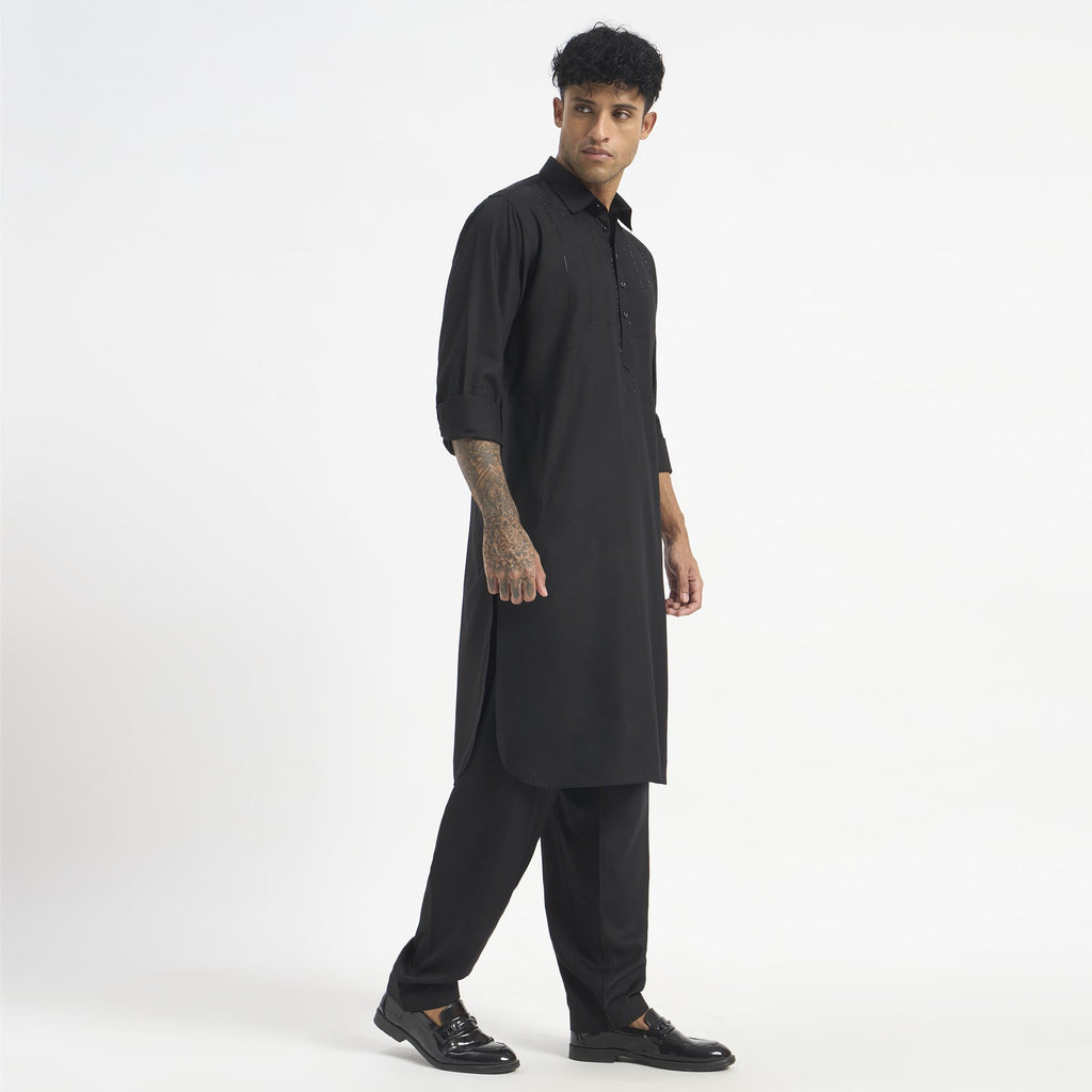 Embroidered Pathani Suit - Jet Black Cascade