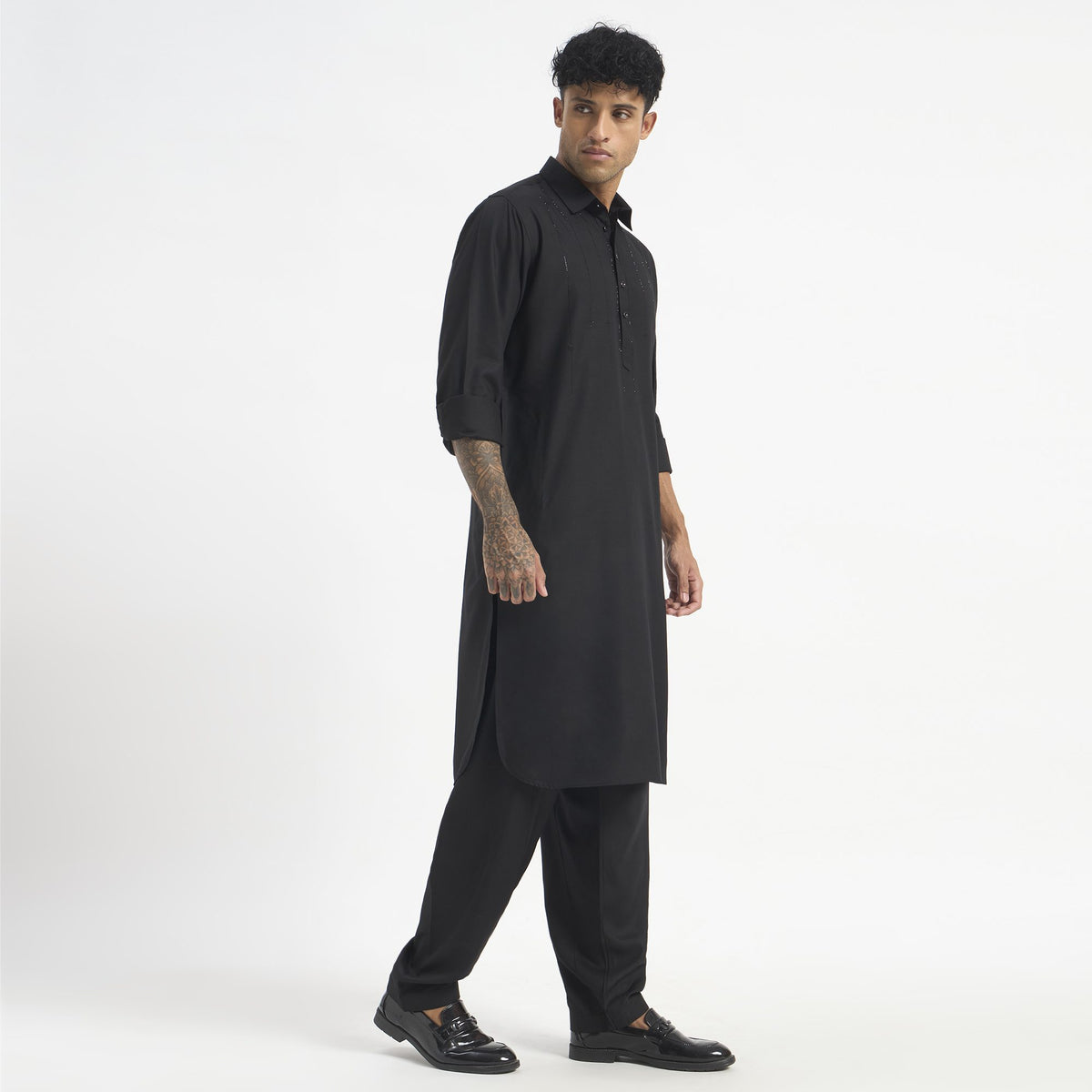 Embroidered Pathani Suit - Jet Black Cascade