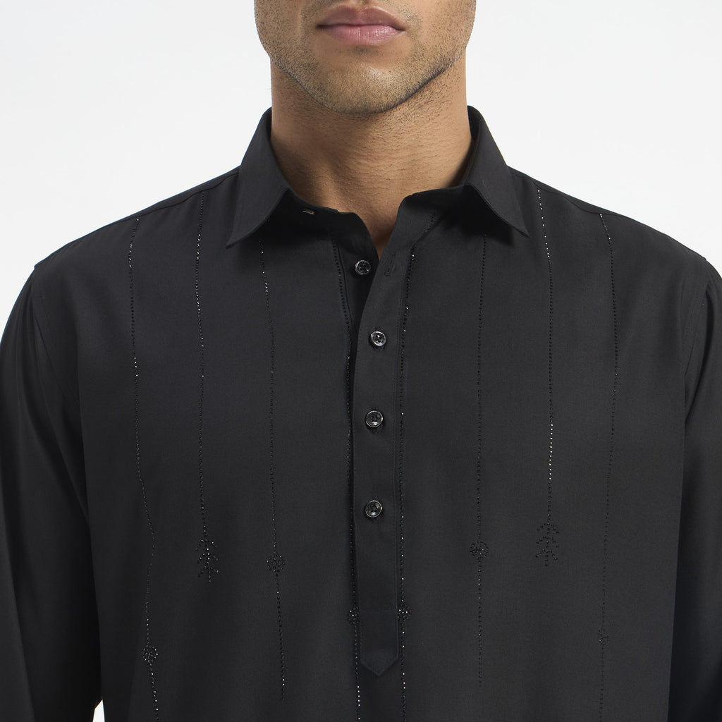 Embroidered Pathani Suit - Jet Black Cascade