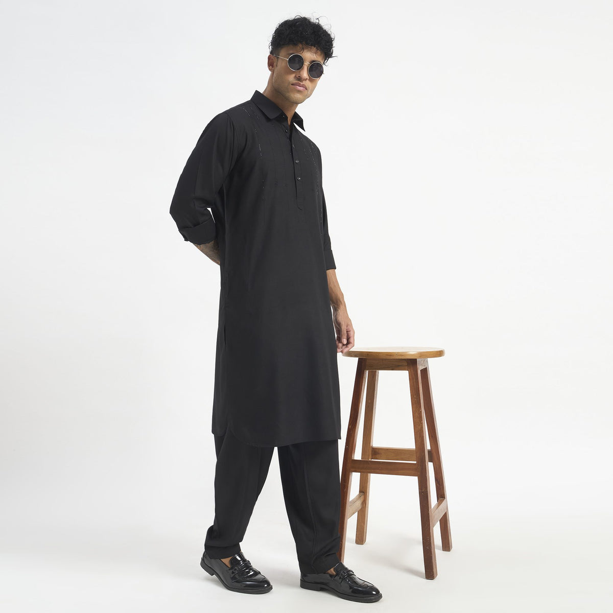 Embroidered Pathani Suit - Jet Black Cascade