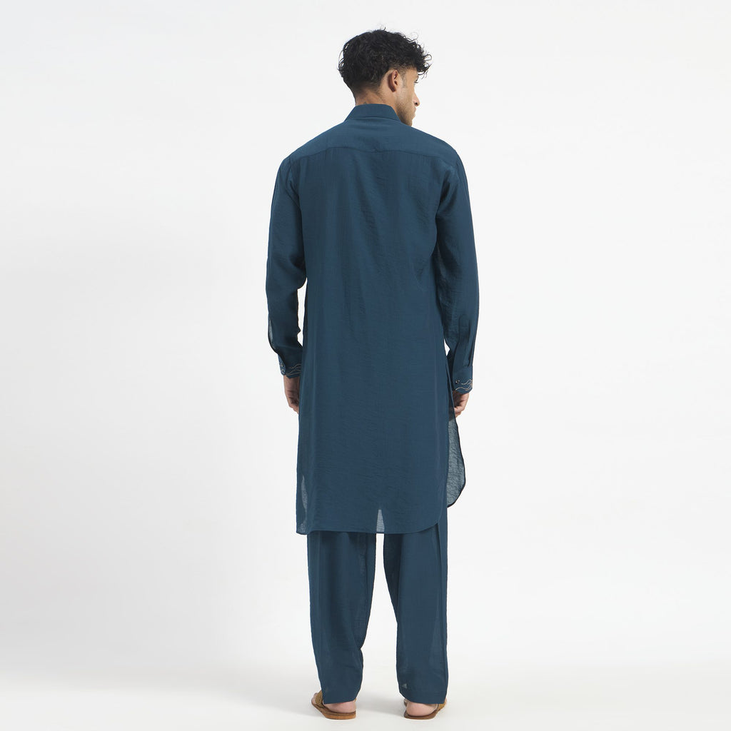 Embroidered Pathani Suit - Peacock Teal Placket