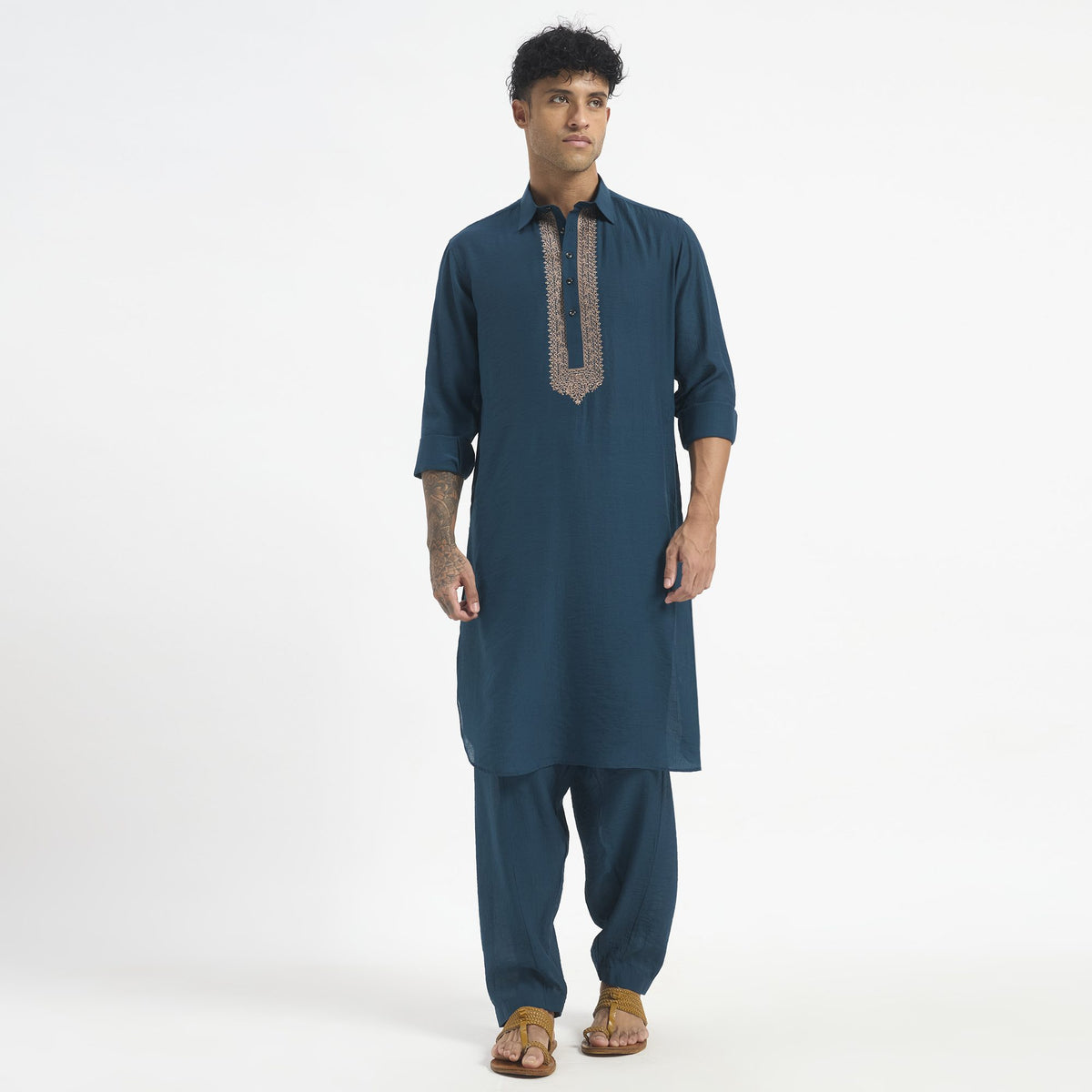 Embroidered Pathani Suit - Peacock Teal Placket