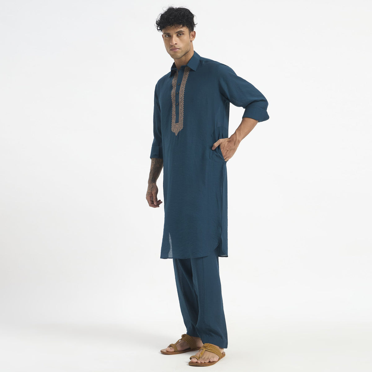 Embroidered Pathani Suit - Peacock Teal Placket