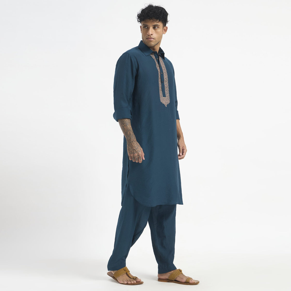 Embroidered Pathani Suit - Peacock Teal Placket