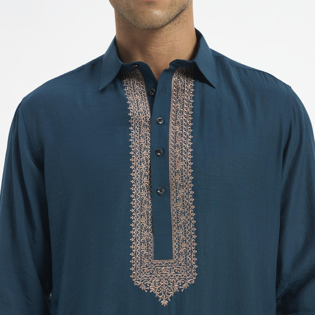 Embroidered Pathani Suit - Peacock Teal Placket