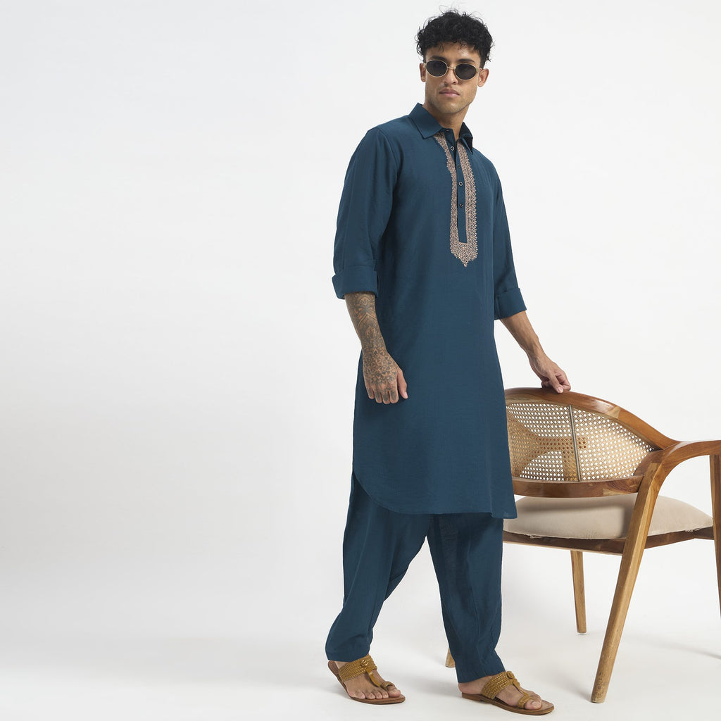 Embroidered Pathani Suit - Peacock Teal Placket