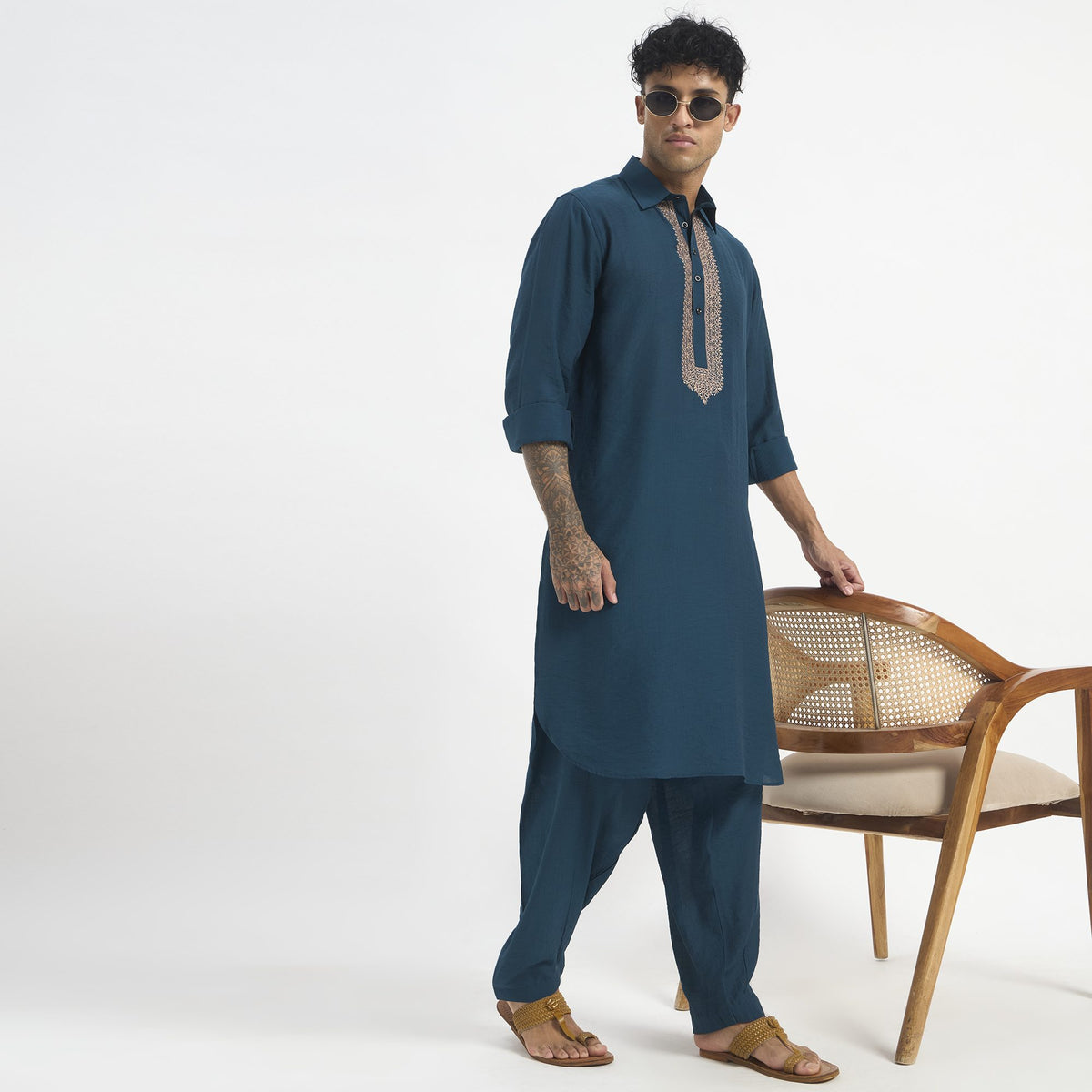 Embroidered Pathani Suit - Peacock Teal Placket