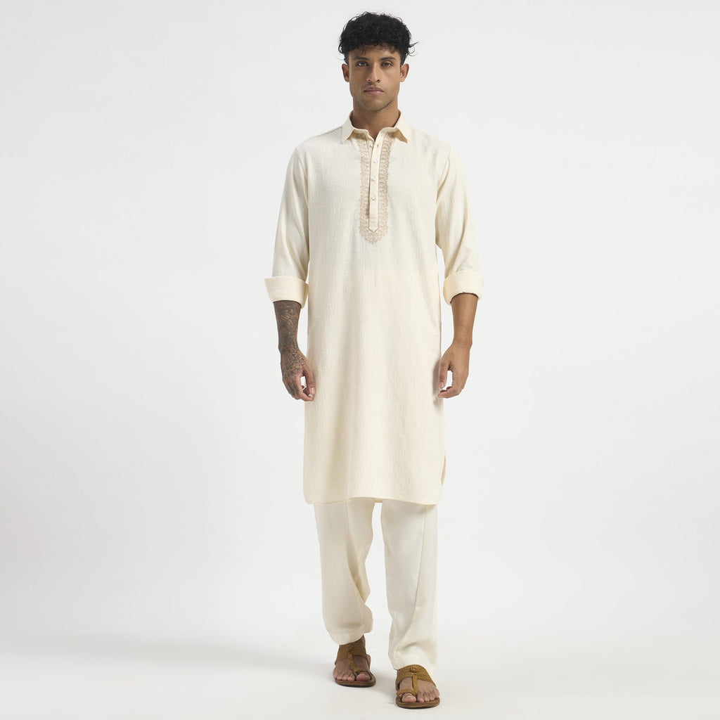 Embroidered Pathani Suit - Soft Ivory