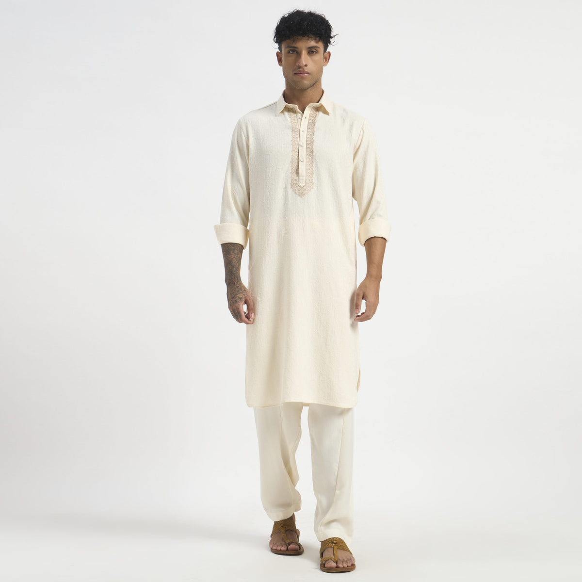 Embroidered Pathani Suit - Soft Ivory