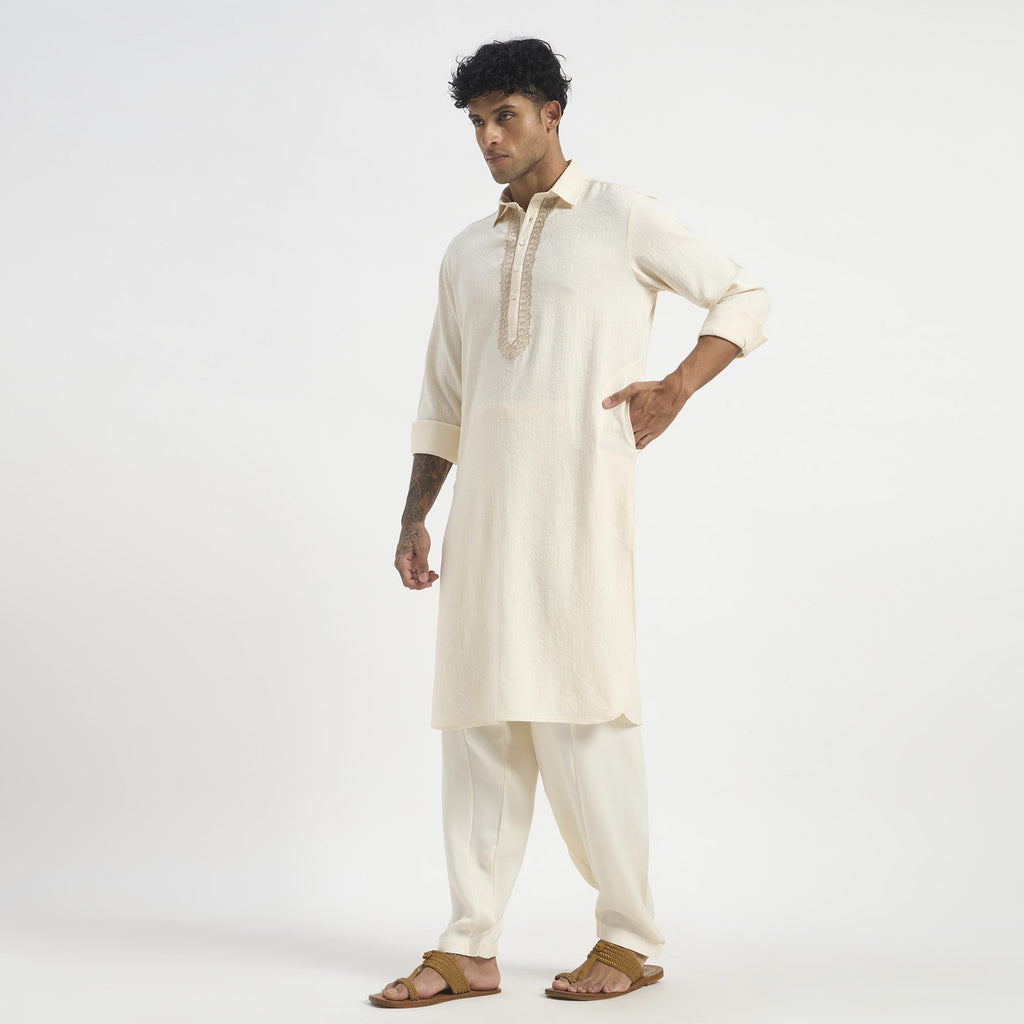 Embroidered Pathani Suit - Soft Ivory