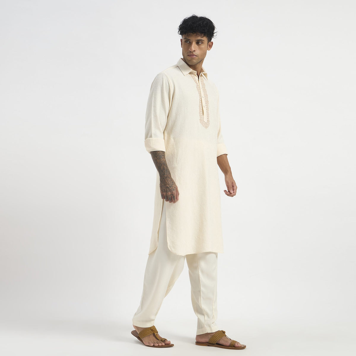 Embroidered Pathani Suit - Soft Ivory