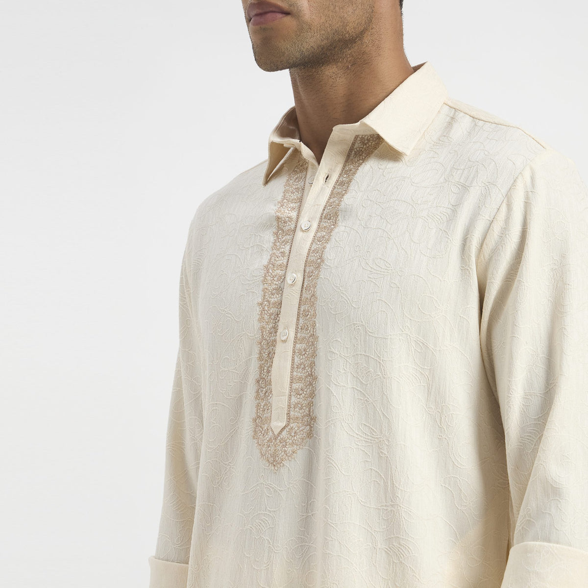 Embroidered Pathani Suit - Soft Ivory