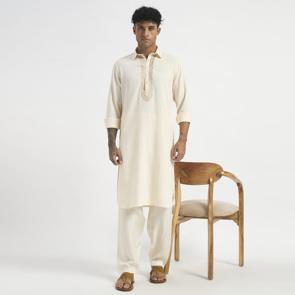 Embroidered Pathani Suit - Soft Ivory