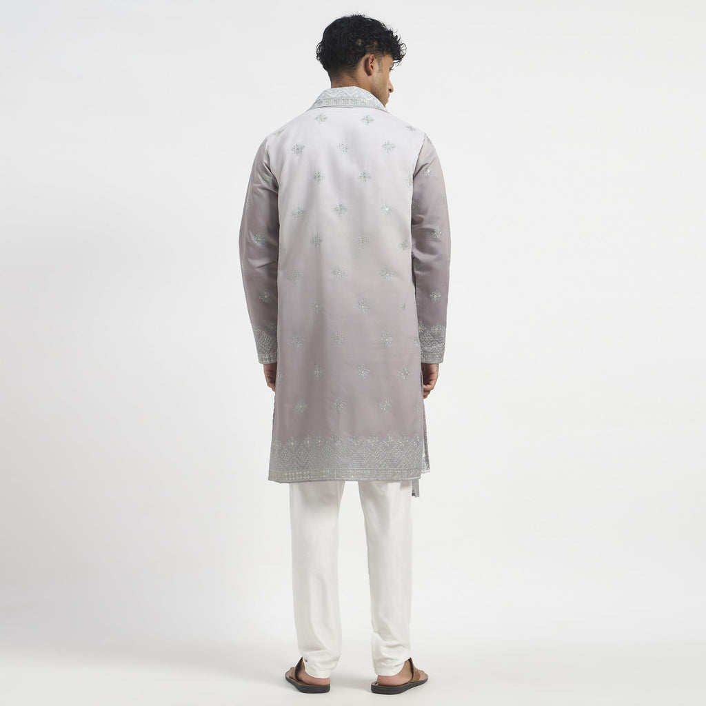 Embroidered Pathani Suit With Stole - Lilac Grey