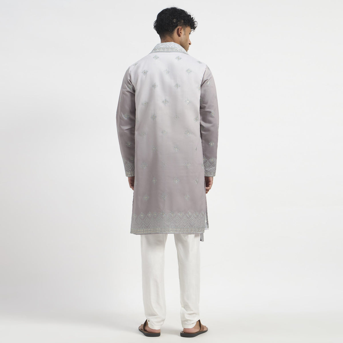 Embroidered Pathani Suit With Stole - Lilac Grey