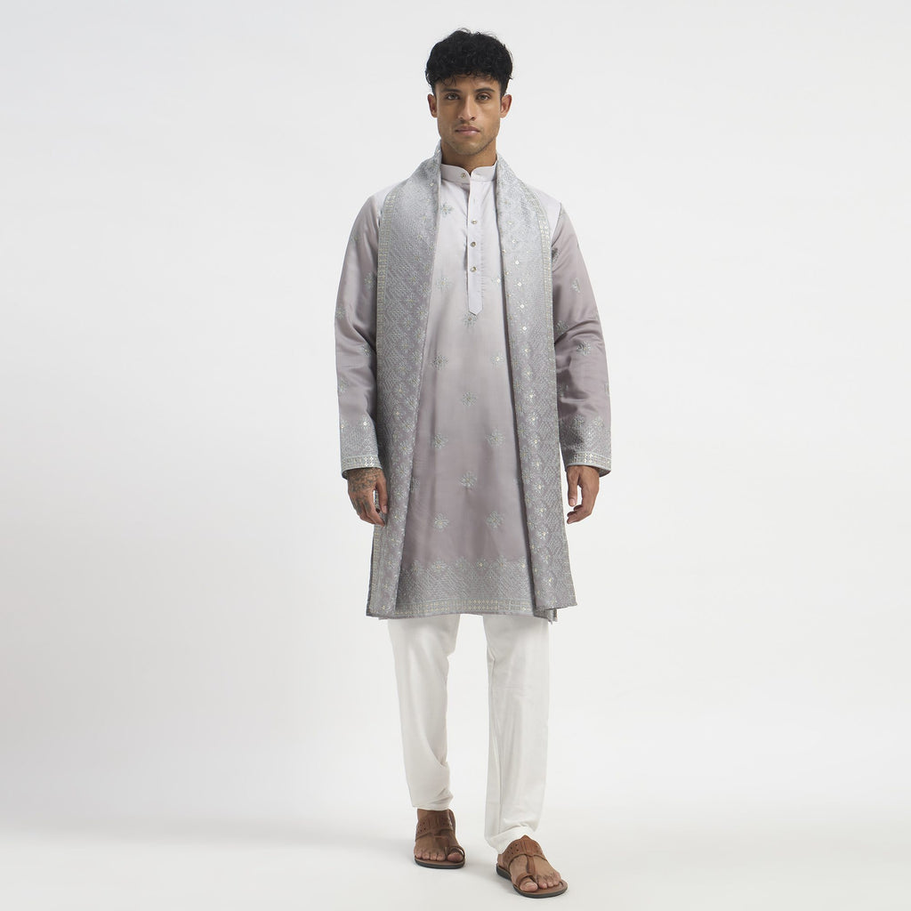 Embroidered Pathani Suit With Stole - Lilac Grey