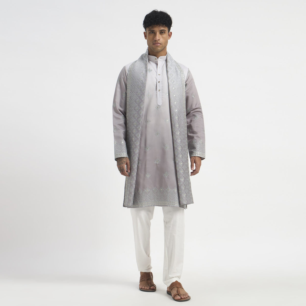 Embroidered Pathani Suit With Stole - Lilac Grey