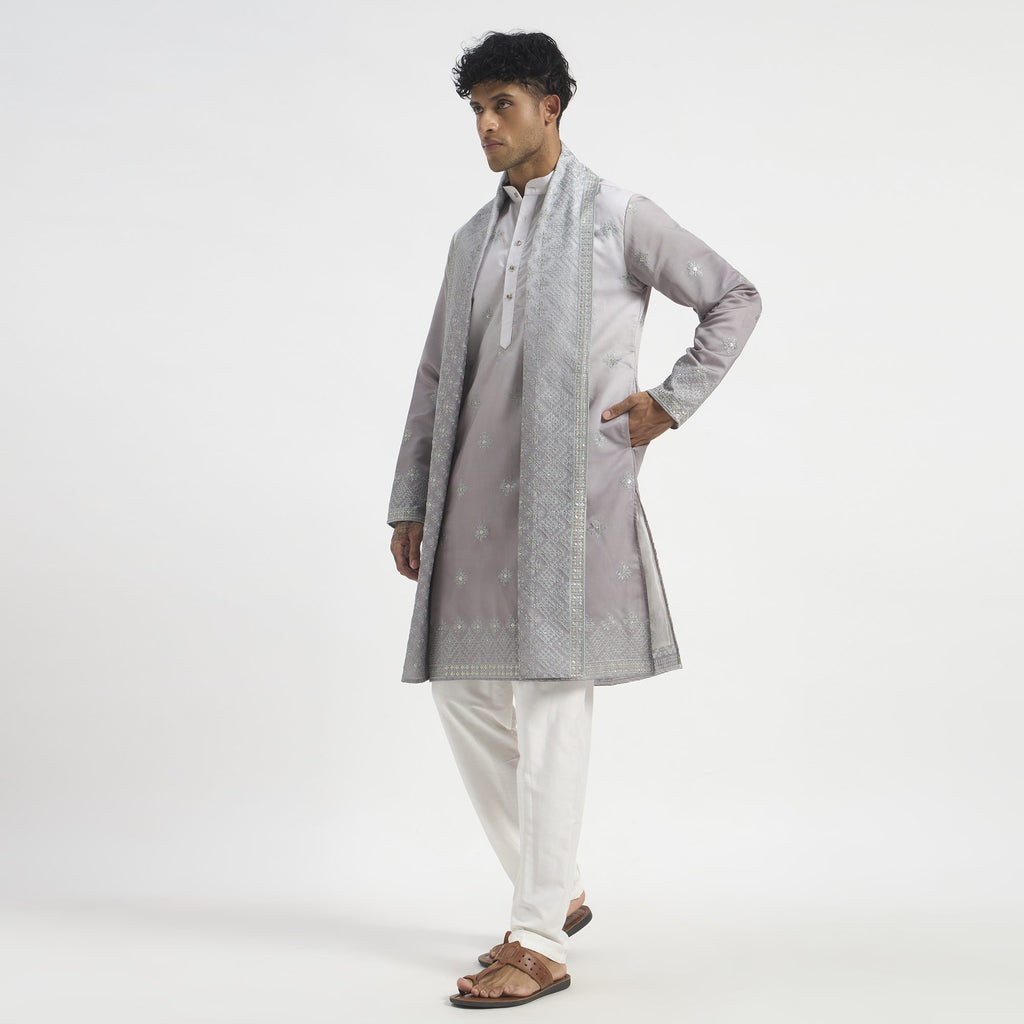 Embroidered Pathani Suit With Stole - Lilac Grey
