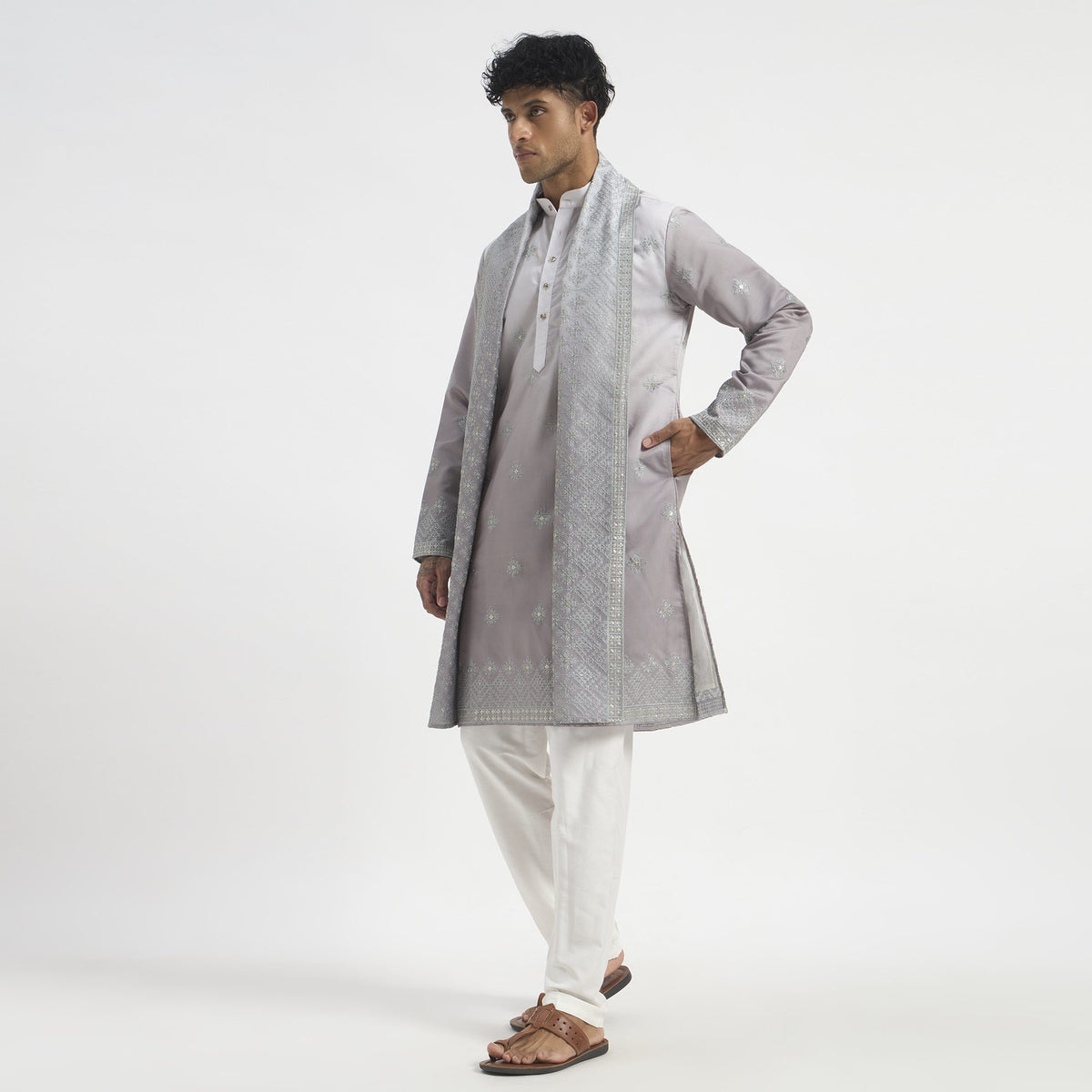 Embroidered Pathani Suit With Stole - Lilac Grey