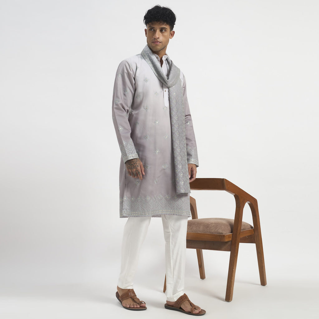 Embroidered Pathani Suit With Stole - Lilac Grey