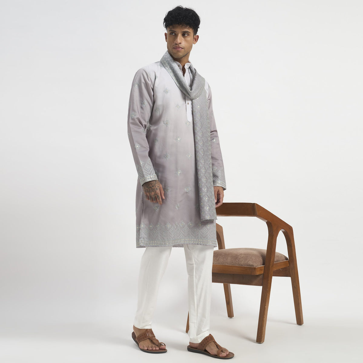 Embroidered Pathani Suit With Stole - Lilac Grey