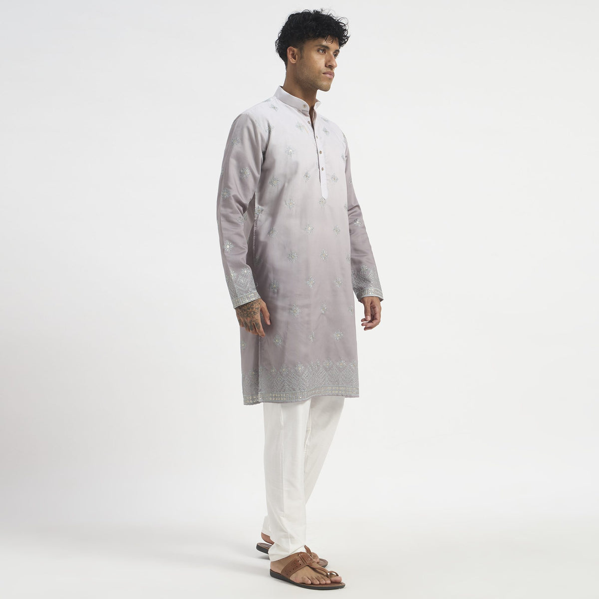 Embroidered Pathani Suit With Stole - Lilac Grey