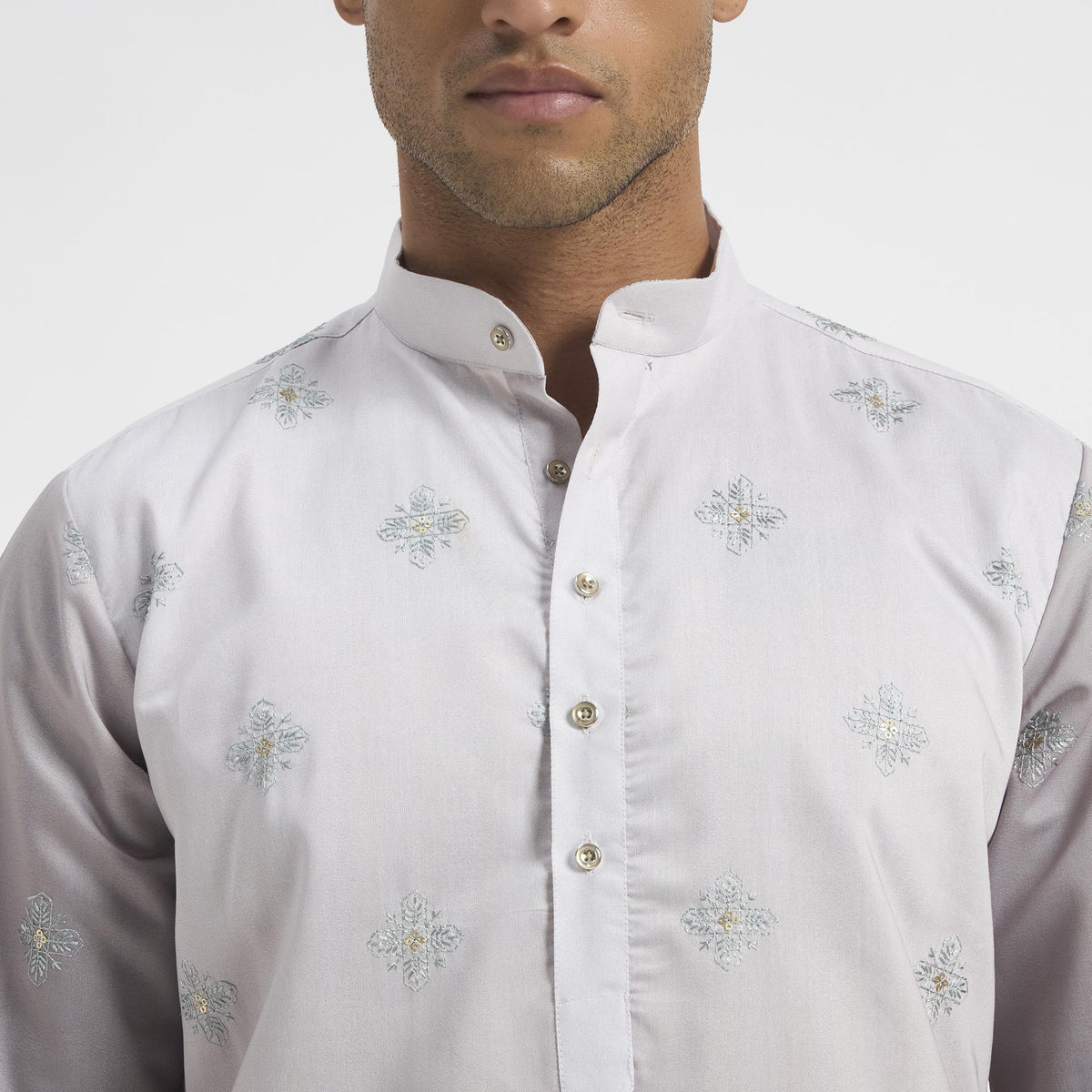 Embroidered Pathani Suit With Stole - Lilac Grey