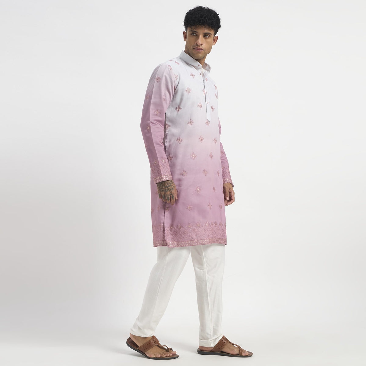 Embroidered Pathani Suit With Stole - Orchid Pink