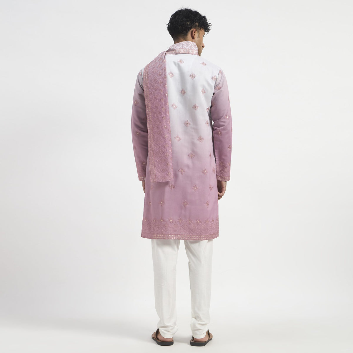 Embroidered Pathani Suit With Stole - Orchid Pink