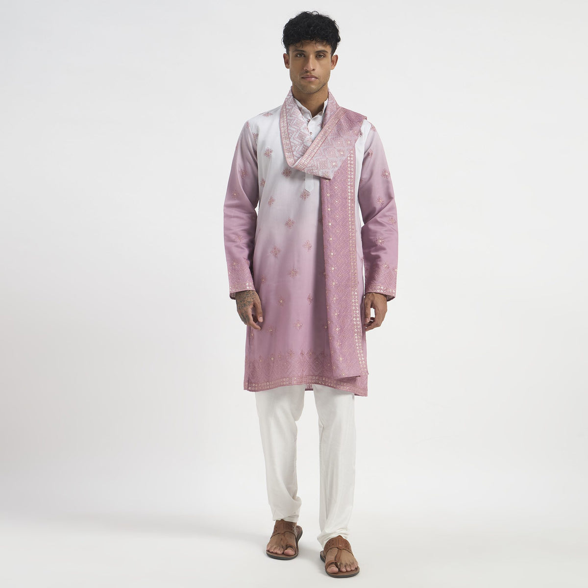 Embroidered Pathani Suit With Stole - Orchid Pink