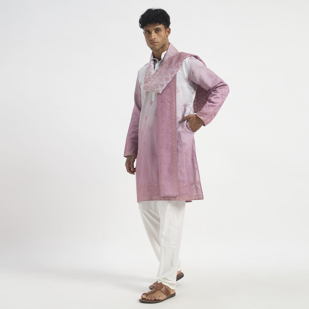 Embroidered Pathani Suit With Stole - Orchid Pink