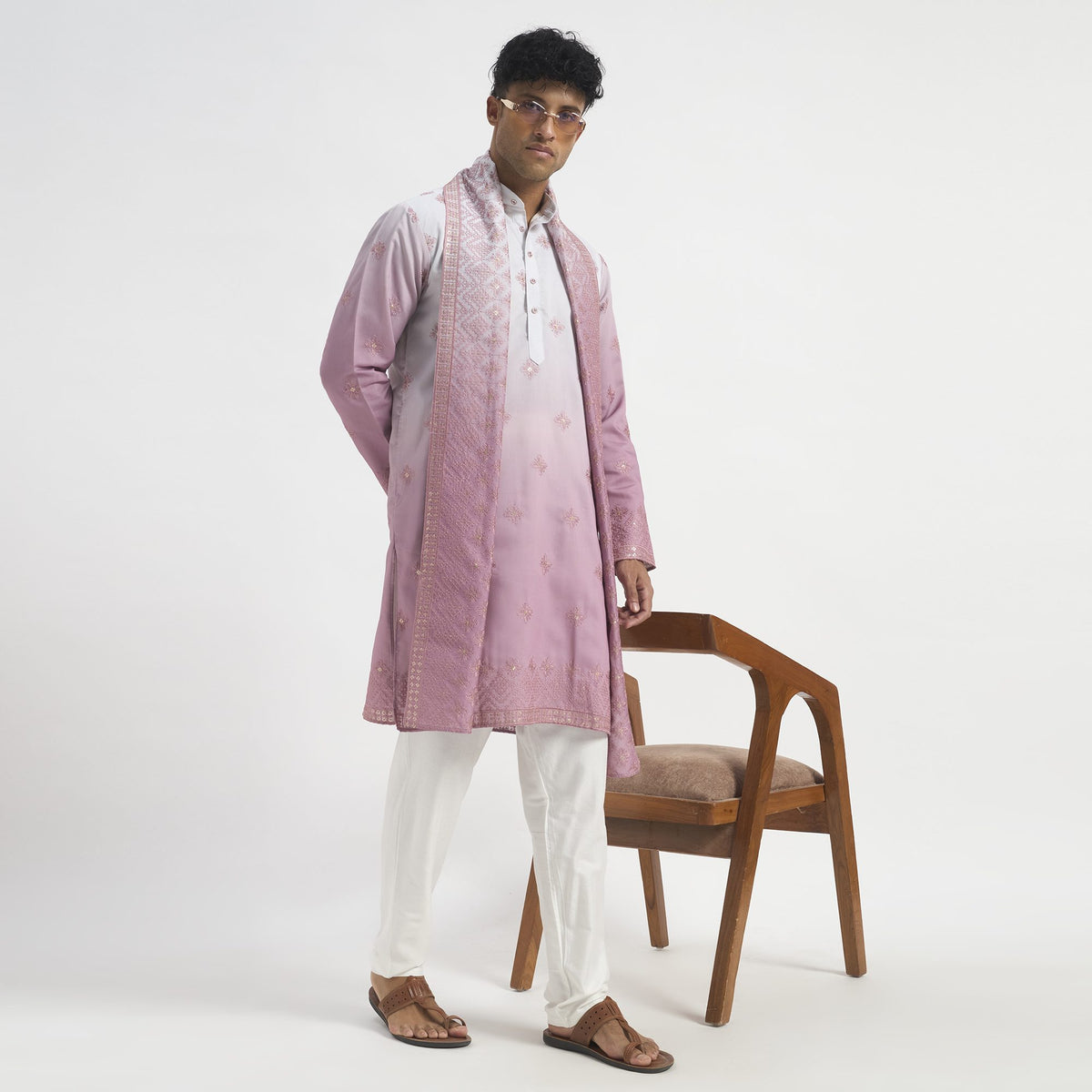 Embroidered Pathani Suit With Stole - Orchid Pink