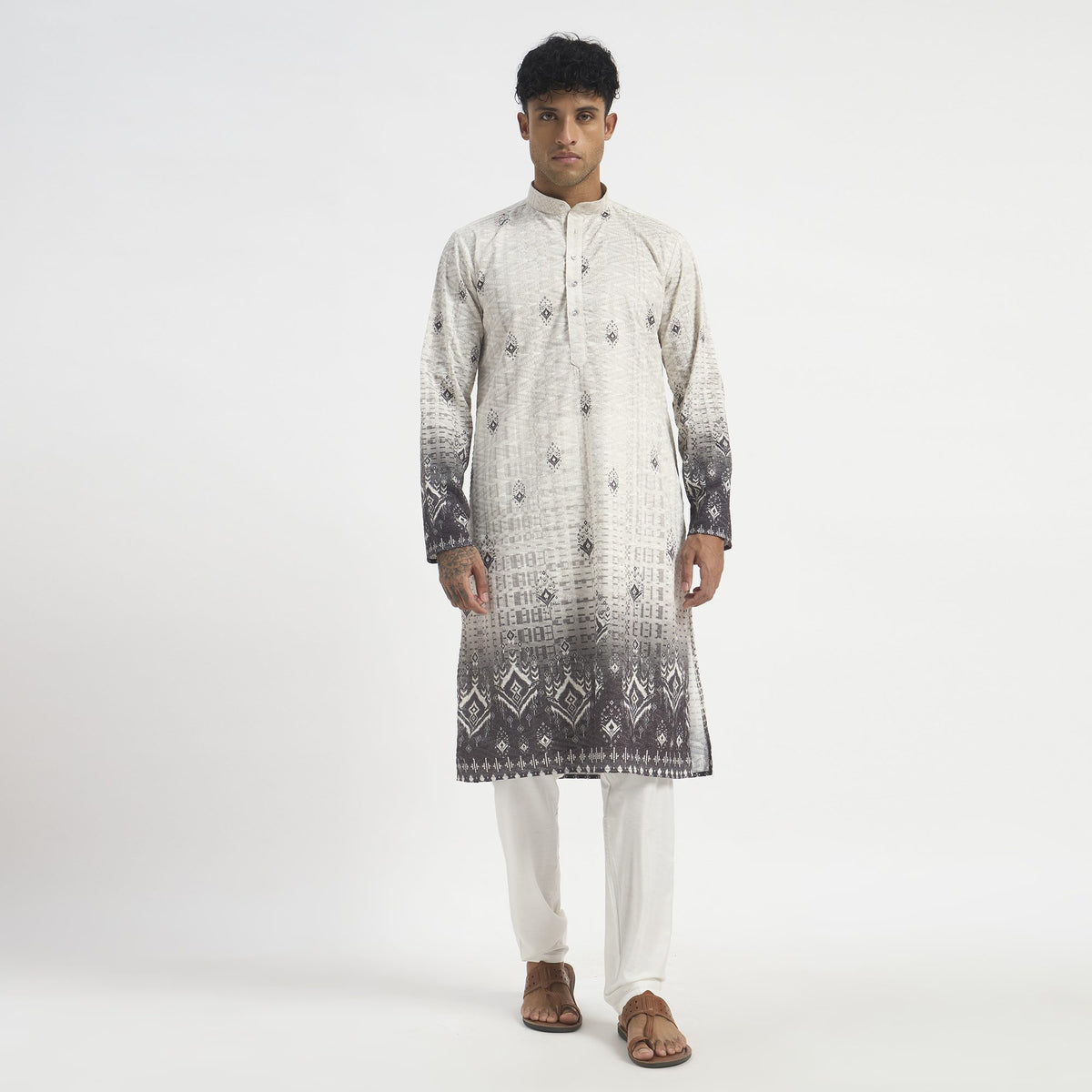 Floral Pathani Suit - Ash Grey Ombre