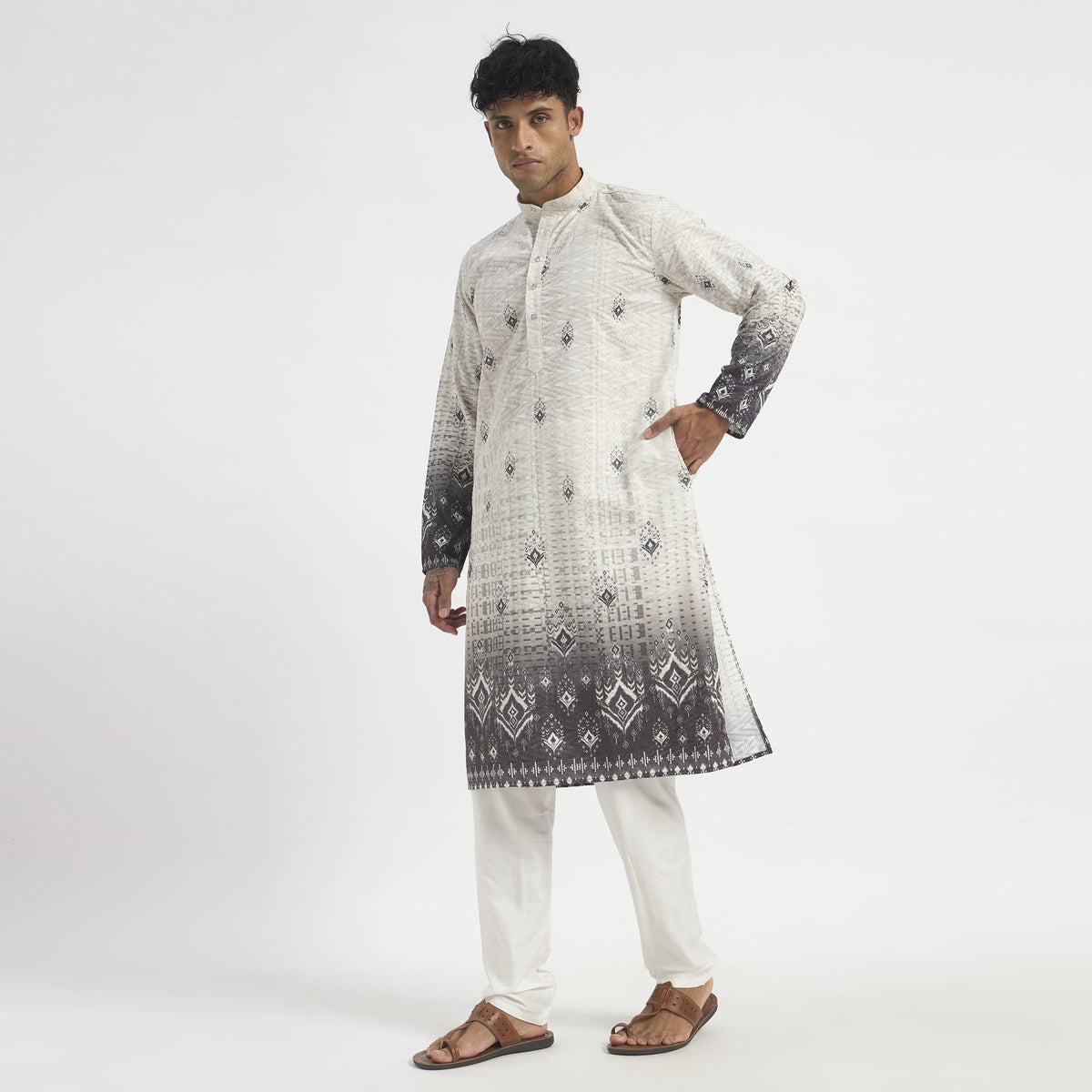 Floral Pathani Suit - Ash Grey Ombre