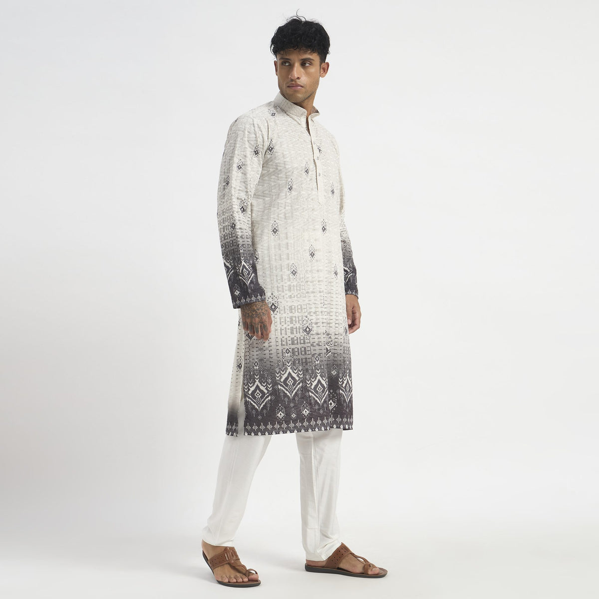 Floral Pathani Suit - Ash Grey Ombre