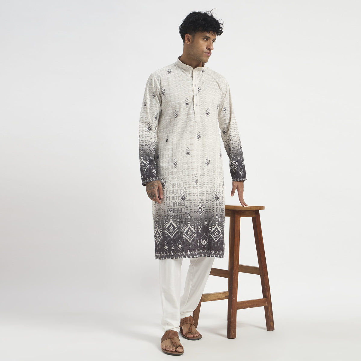 Floral Pathani Suit - Ash Grey Ombre
