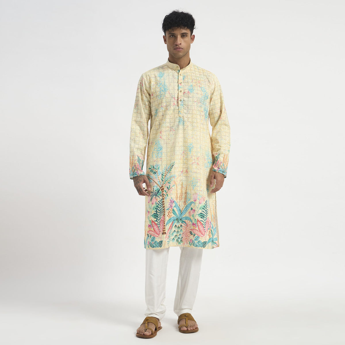 Floral Pathani Suit - Butter Cream