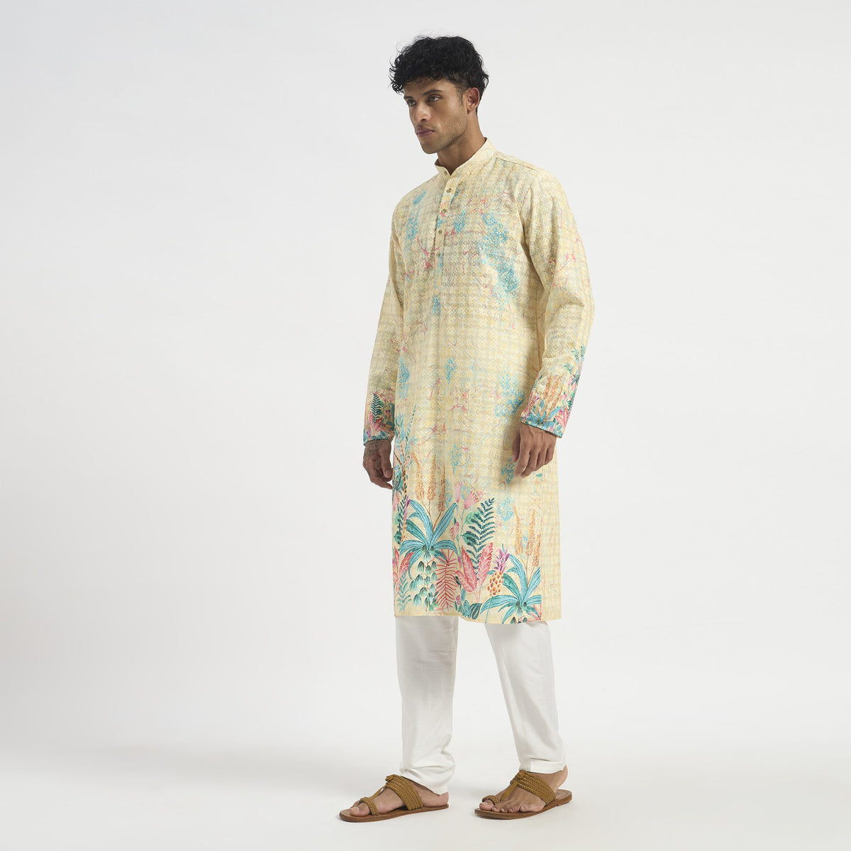 Floral Pathani Suit - Butter Cream