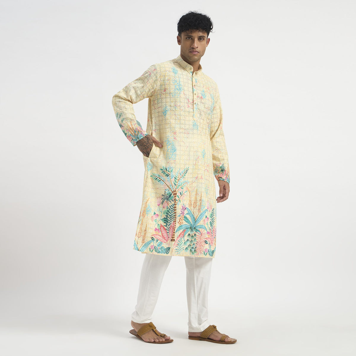 Floral Pathani Suit - Butter Cream