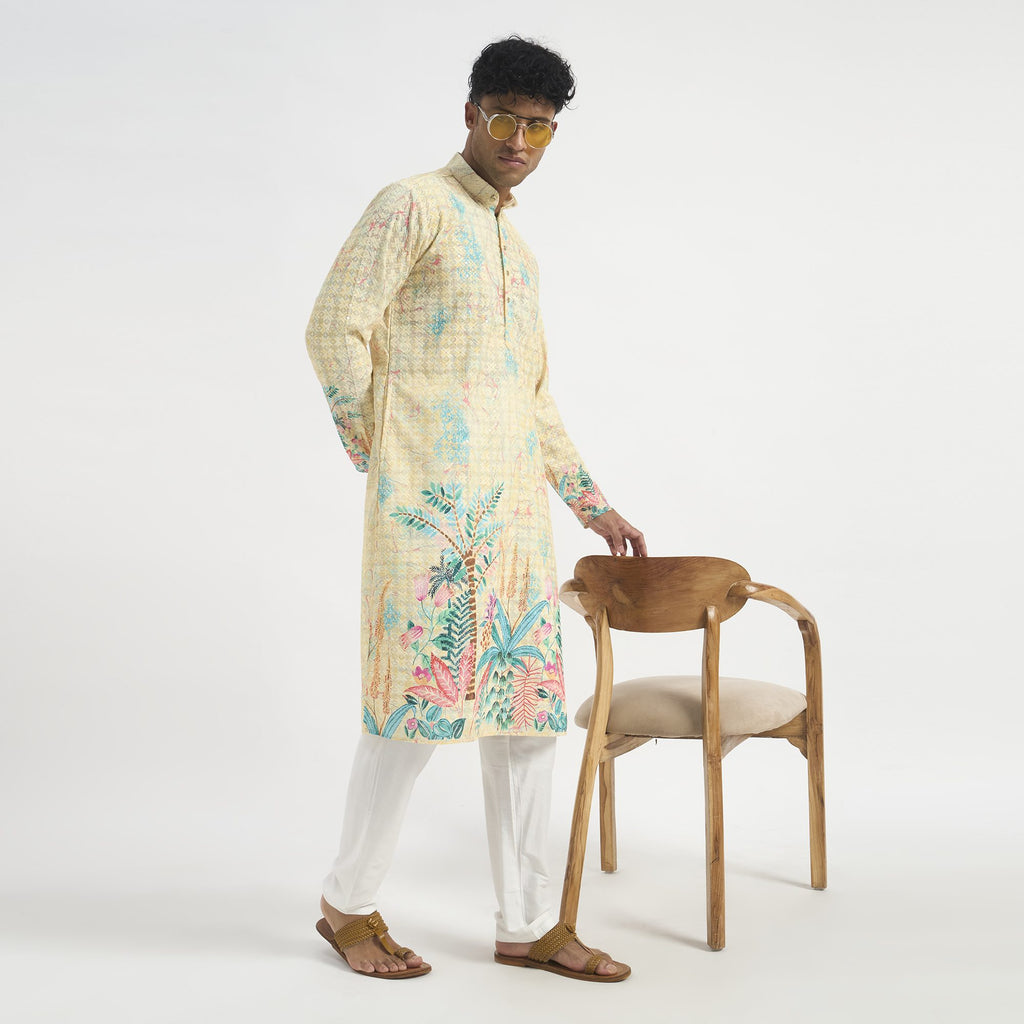 Floral Pathani Suit - Butter Cream